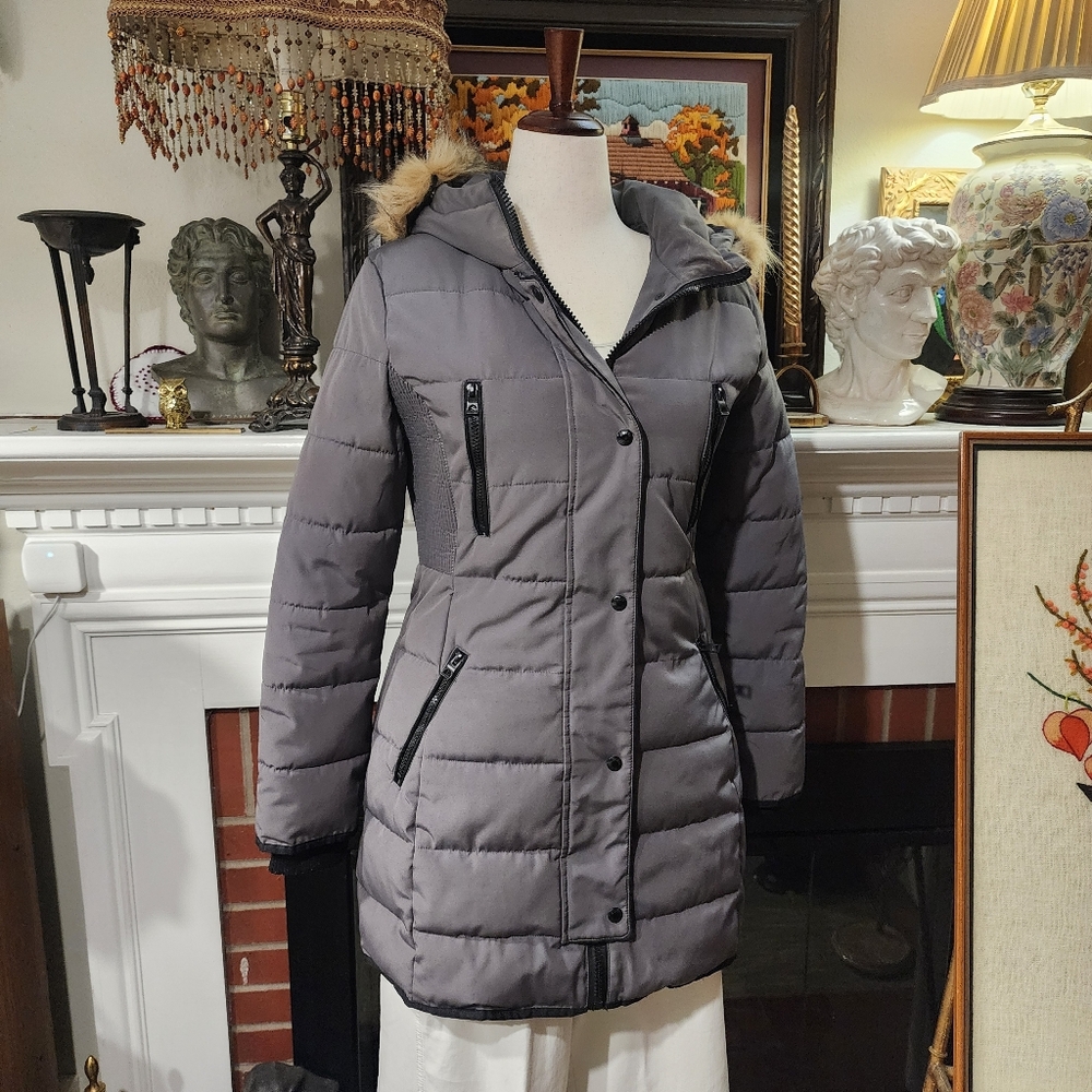 Guess Women's Charcoal Puffer Jacket with Faux Fur Hood